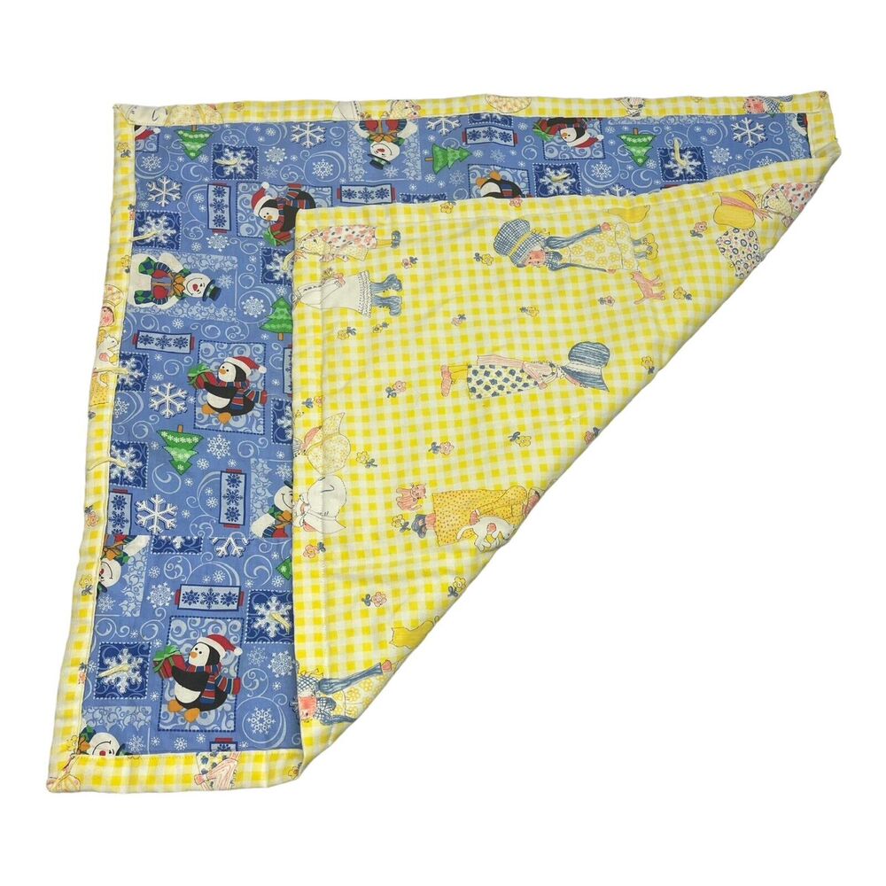 Baby Quilt Snowmen Penguins Holly Hobbie Cat Print Gender Neutral 24" by 26" - Picture 5 of 6